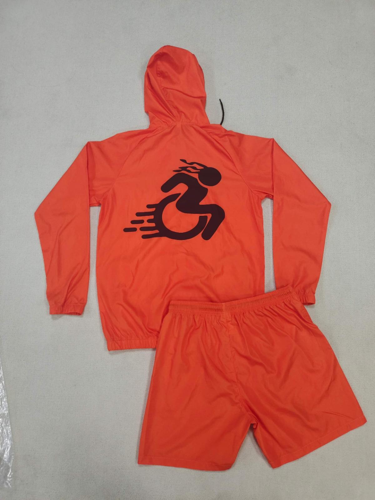 Fabric weight: 75D
Fabric composition: 100% polyester, waterproof
Comes in kids and adult sizes.

Shorts have a zipper in the inseam or in between the legs
Supports 